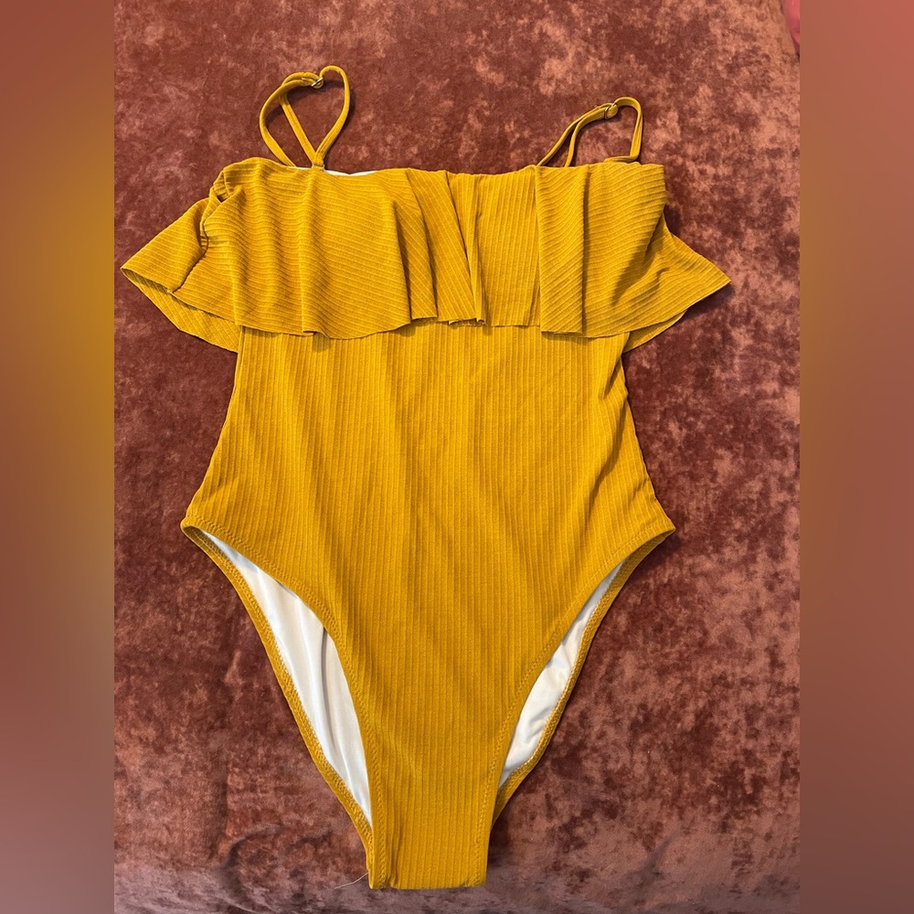 CupShe L one piece, goldish mustard yellow, adjustable straps